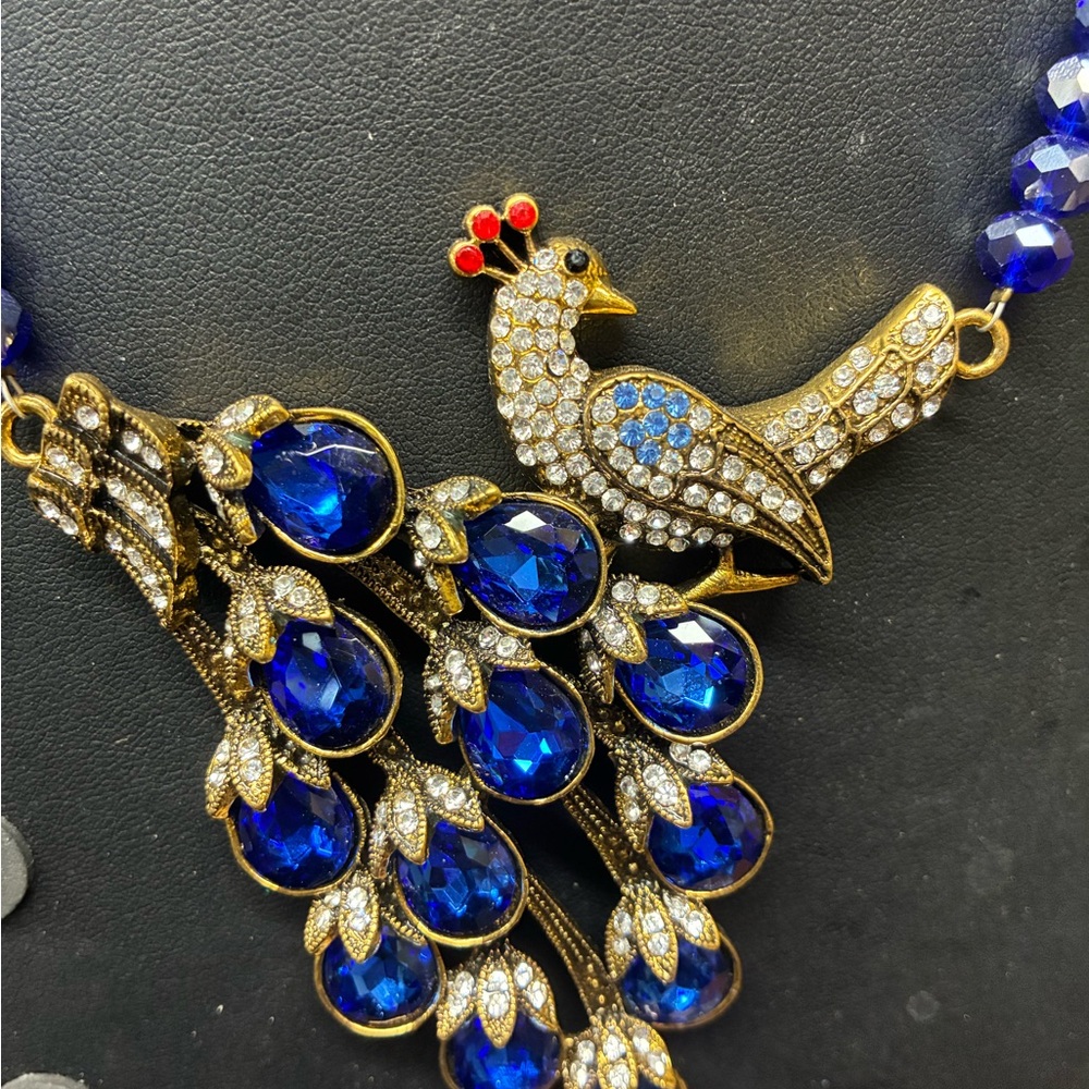 Elegant Blue and Gold Peacock Necklace - Picture 3 of 3
